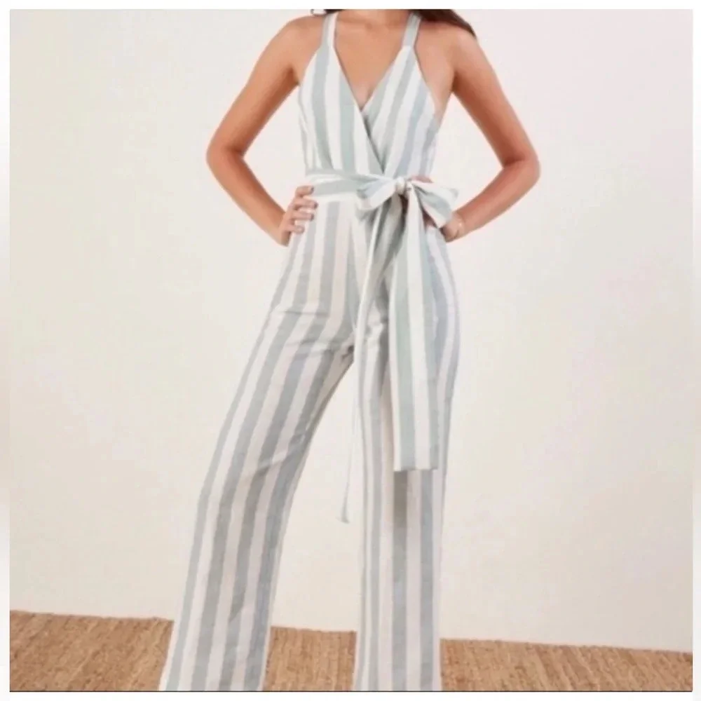 Reformation Dani 100% Linen Striped Jumpsuit In Baltic Size 0